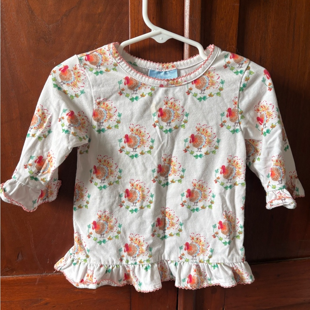 Classic Whimsy Thanksgiving Set - White Floral Ruffle Long-Sleeve Top for Girls